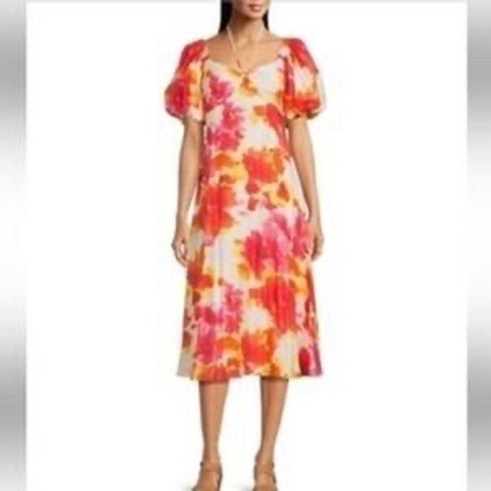 Alex Marie Monroe‎ Feminine Floral Puff Sleeve Midi Dress Pink Orange Yellow 8